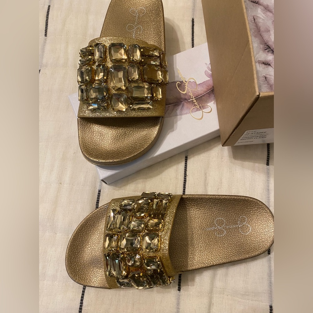 Jessica Simpson new gold jeweled slides. Size 8 but runs a tad small.
